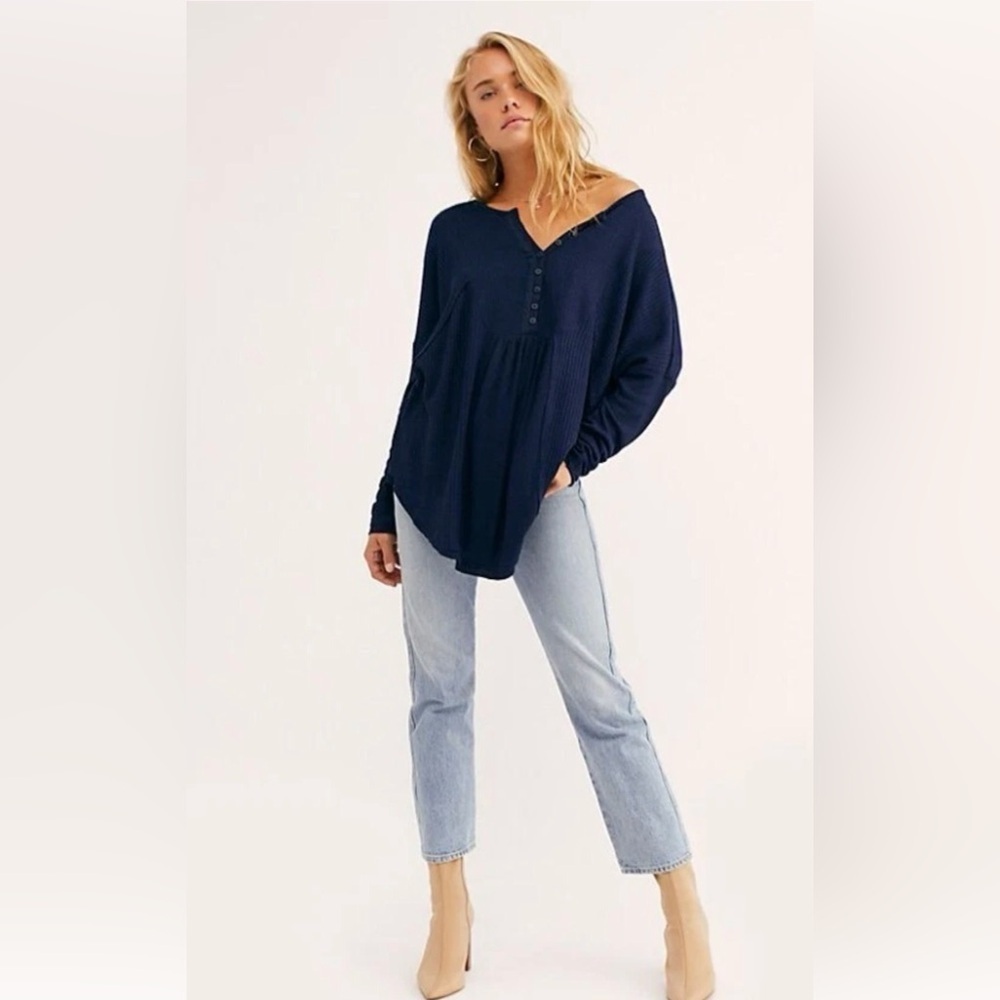 Free People Leo Henley Long Sleeve Top Blue Waffle Knit Oversized Boho Size S
